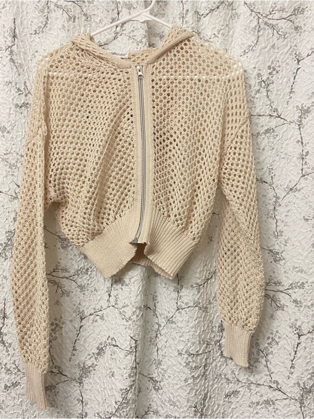 Charlotte Russe Open-Knit Zip Hoodie in Cream Size Small